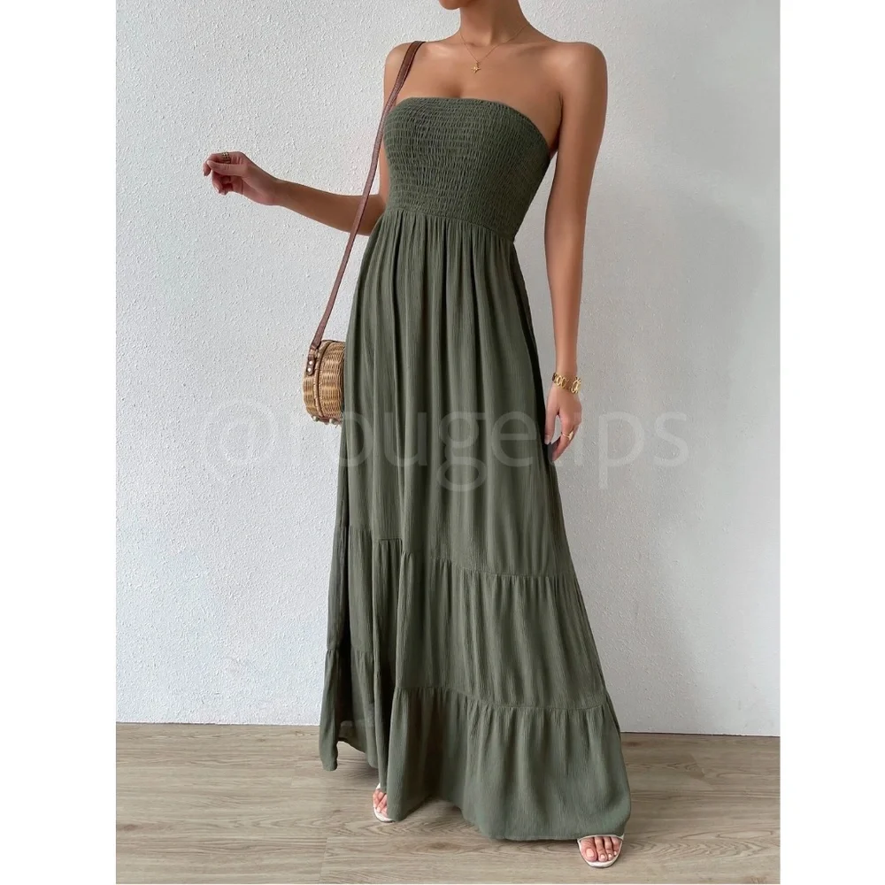 Strapless Maxi Dress Long Army Green Shirred Top Flared - Picture 1 of 8